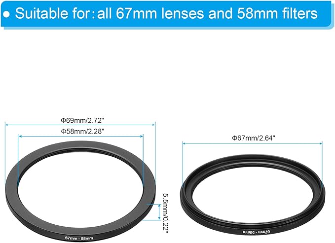 PATIKIL 67mm-58mm Metal Step Down Ring, Camera Lens Filter Adapter Ring Aluminum Filter Adapter Ring for Camera Lenses Hood, Black