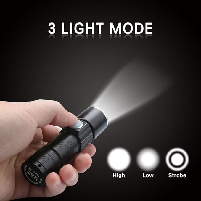 WREOW Mini USB Rechargeable Flashlight LED Flashlights 3 Light Modes and Zoomable, IP65 Water-Resistant Super Bright Pocket Torch Light for Camping, Hiking, Emergency, EDC (2 Pack)