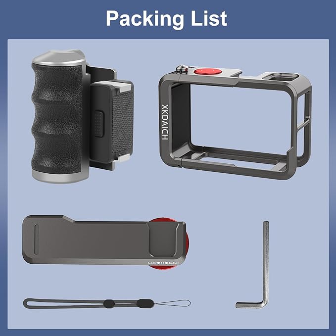 XKDAICH Metal Camera Cage with Handle Grip for DJI Osmo Action 5 Pro/Action 4/Action 3, Titanium Aluminum Alloy Expansion Adapter, Magnetic Quick-Release Street Grip Kit, Ergonomic Handle Holder