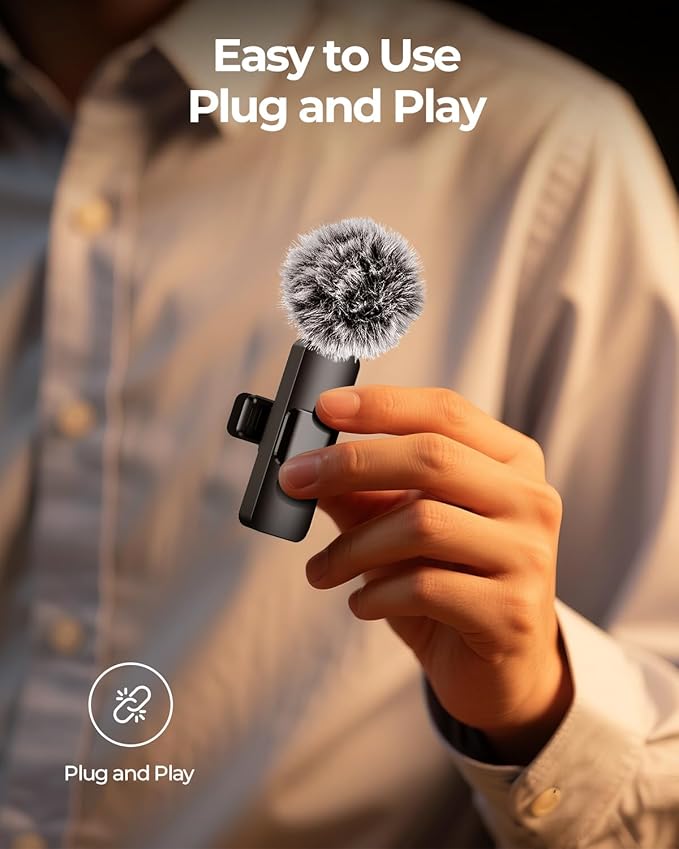 3-in-1 Microphone for iPhone, Android, Camera, Wireless Microphones, Mini Microphone, Lapel Mic with Noise Reduction, Crystal Clear Sound & 7H Battery for Vlogging, Portable Recorders