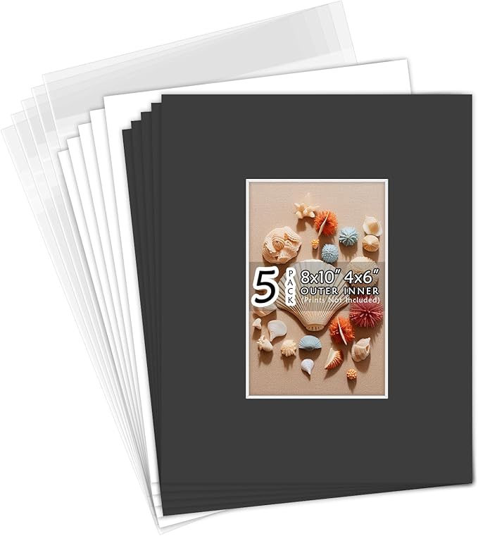 Golden State Art, Acid Free, Pack of 5, 8x10 Black Picture Mats Mattes with White Core Bevel Cut for 4x6 Photo + Backing + Bags