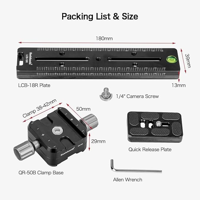 Koolehaoda 180mm Rail Nodal Slide Metal Quick Release Clamp,Dual Dovetail Camera Bracket Mount with Double-Sided Clamp can be Rotated 90°, for Camera with Arca Swiss Compatible(LCB-18R)