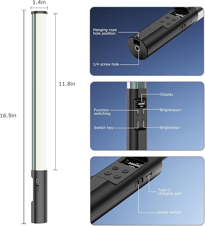 RGB Light Wand, 10W LED Video Lighting Wand Stick for Vlog TikTok YouTube Studio Photography Recording Streaming, 2500K~9900K CRI96+ TLCI98+ 24 Pixel Effects LED Tube Light Bar with APP Control