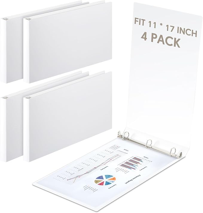 Humyoun 4 Pcs 11 x 17 Inch 3 Ring Binders 1.5 Inch Rings Heavy Duty View Plastic Flexible D Ring Binders Economy Holds 11" x 17" Paper for Artwork Blueprints, Office, Home, Work Places(White)