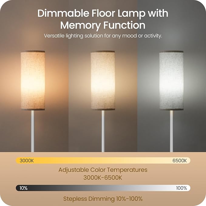 Dimmable Floor Lamps for Living Room with Remote and Foot Switch, 64.4” Modern Standing Tall Lamp, Corner Lamp for Office, Bulb Included, 3000K-6500K, Silver and Off-White SW06LD05W1