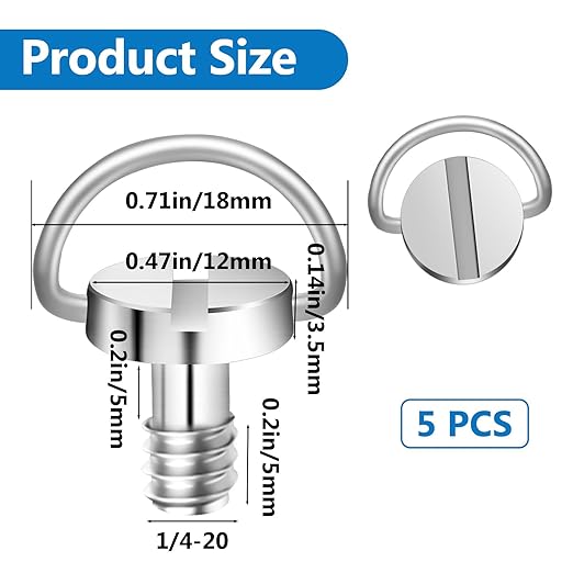 cobee 5 Pcs 1/4" Camera Tripod Screw, Stainless Steel Thread D-Ring Camera Screws, Quick Release Camera Screw for Camera Tripod Monopod QR Plate
