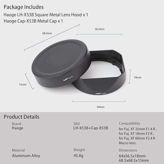 Haoge LH-X53B Square Metal Lens Hood Shade with Metal Cap for Fujifilm Fuji Fujinon XF 35mm F1.4 R / XF35mmF1.4 R Lens on Camera X-H1 XS-20 X-Pro3 X-T4 X-T3 X-T2 X-T30 X-T5