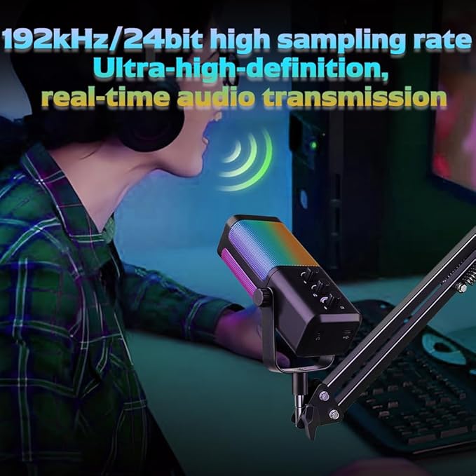 USB Gaming Microphone with Boom Arm - Professional RGB Condenser Mic for PC/PS5 - Triple-Knob Control (Mic Gain, Headphone Vol, Monitor Mix) - Zero Latency Streaming Kit