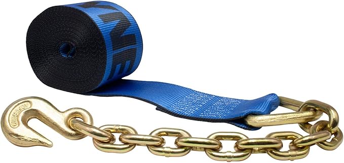Mytee Products (4 Pack 4" x30' Kinedyne Winch Strap w/Chain Anchor - WLL 5400 lbs Heavy Duty Blue 4 Inch Tie Down Straps w/Hook for Flatbed Trailer Truck - Cargo Control Equipment
