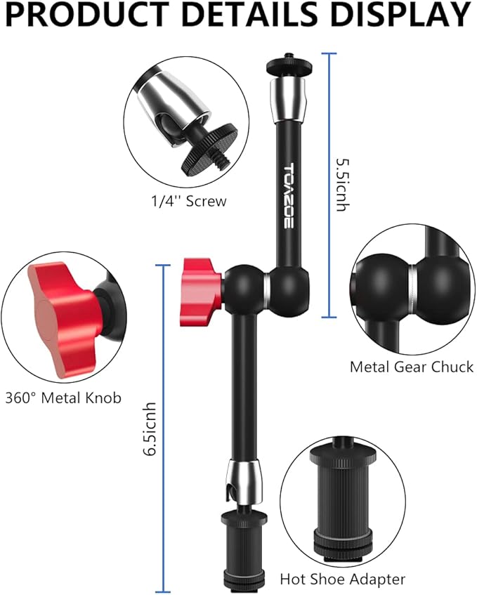 Adjustable Magic Arm, TOAZOE 11 Inch/28 cm Articulating Friction Arm Camera Mount with Both 1/4" Thread Screw Compatible with Camera, LCD Monitor, Fill Light,Flash LED Light