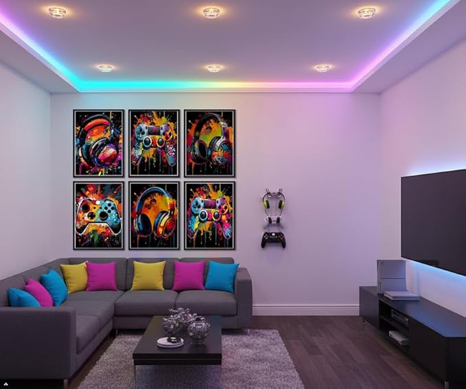 Zhfmoir Gaming Posters Wall Art Set of 6, Colorful Game Controller Prints Video Game Wall Decor for Boys Teens Gamer Room Bedroom Playroom Decorations 8x10 Inch Unframed