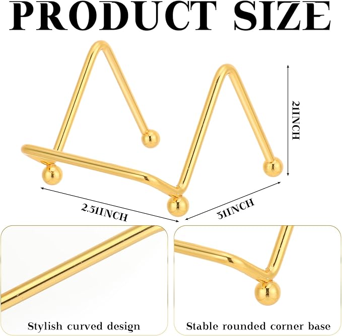 RattanView 4 Pcs 2 Inch Mini Plate Holder Display Stands Tiny Small Metal Gold Frame Stand for Picture, Book, Photo Easel, Creation, Collectibles Square Wire Plate Stands for Display Mobile Phone