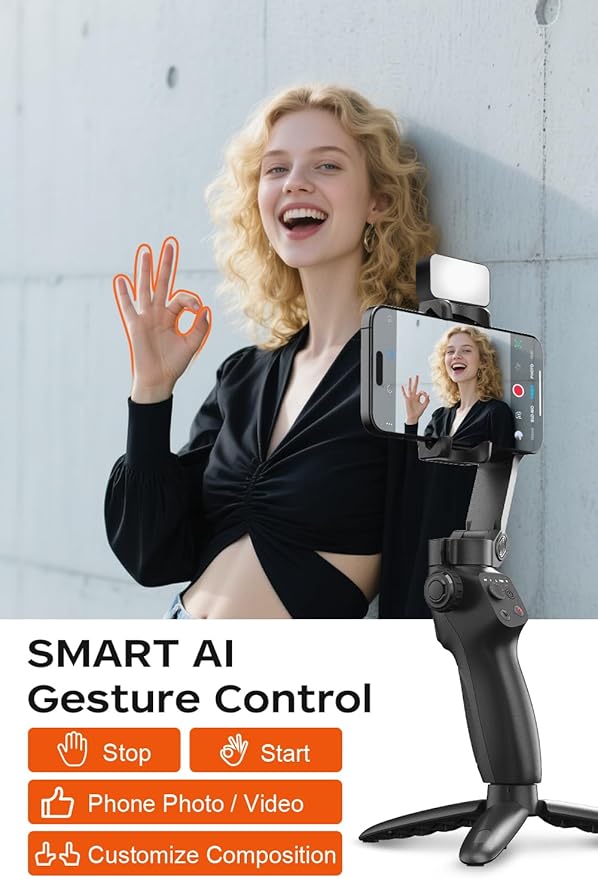 FUNSNAP Gimbal Stabilizer for iPhone, Phone Stabilizer, Portable Foldable 3-Axis Phone Gimbal with Magnetic Fill Light for Android & iPhone 17 16 15 Pro Max, Ideal for Travel Vlogging