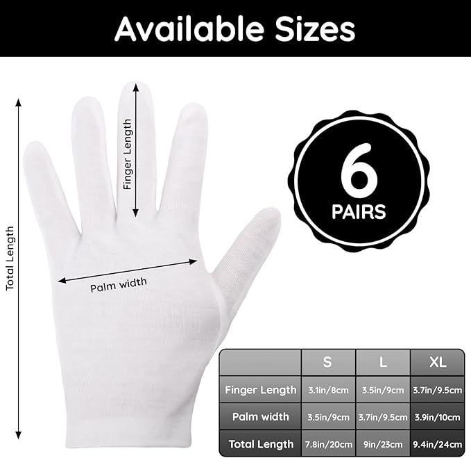 Segbeauty 12 Counts Extra Large Moisturizing Gloves Overnight, Thickened White Cotton Gloves for Dry Hand SPA, 6 Pairs Larger Overnight Lotion Sleep Gloves Women and Men, Washable Hand Gloves for Work