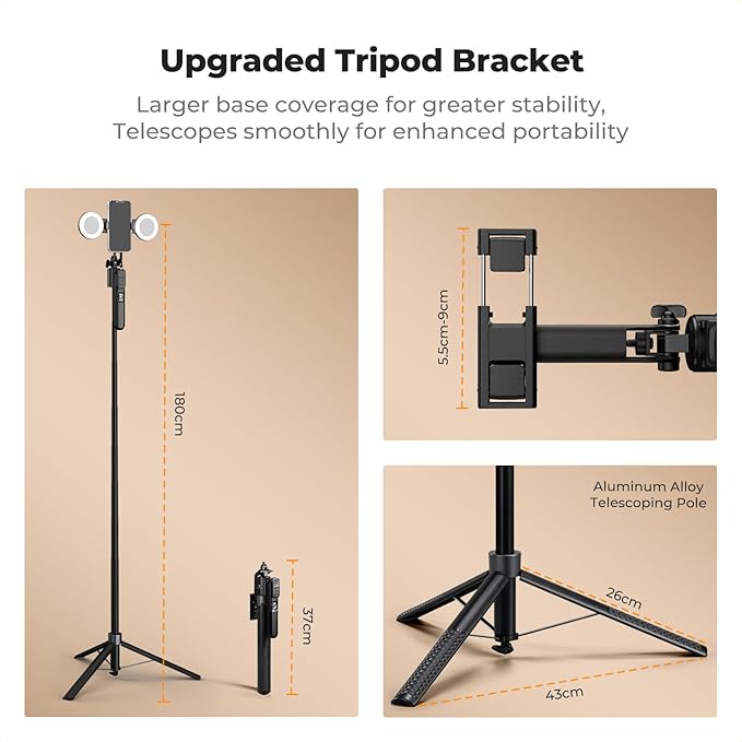 K&F CONCEPT 71“ Auto Face Tracking Tripod, 360° Rotation Selfie Stick with 2 Fill Lights, Gesture & Remote Control for Vlogging, Live Streaming & Video Recording