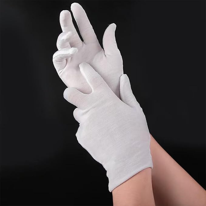 12 Pairs White Cotton Gloves for Eczema Dry Hands Breathable Work Glove Liners Moisturizing Spa Jewelry Inspection Etiquette Gloves Stretchy Fit for Men Women 24PCS Archival Photo Gloves (Large)