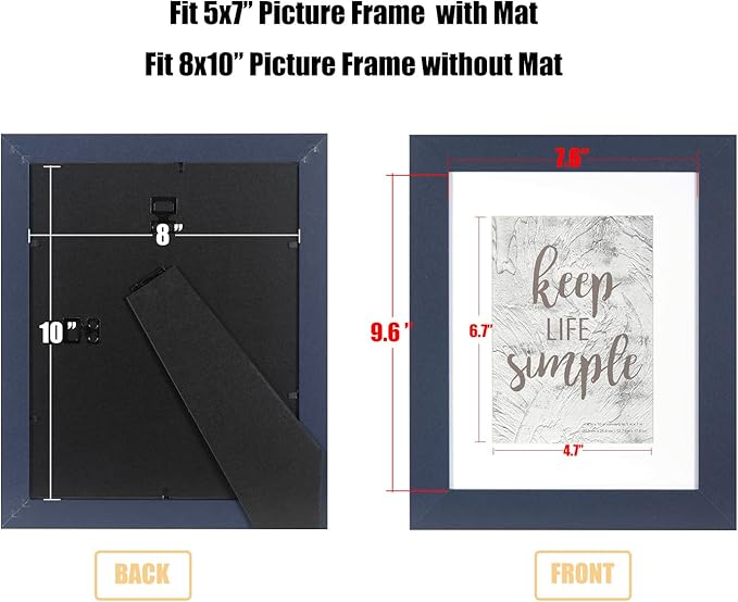 kennethan 2 Pcs Navy Blue Picture Frame Set - 8x10 Frame, Display 5x7 or 8x10 Picture with or Without Mat on the Wall