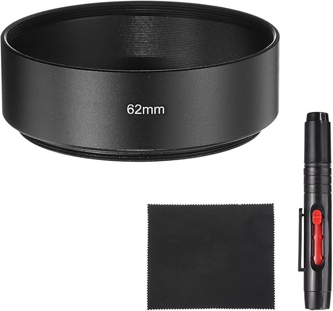 PATIKIL Lens Hood Shade, 62mm Mid-Focus Mount Standard Screw-in Metal Camera Cap Shade with Cleaning Cloth and Cleaning Pen, Black