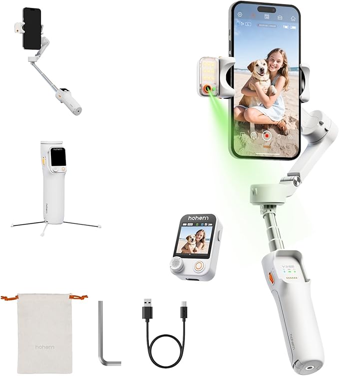 hohem iSteady V3 Ultra Gimbal Stabilizer for iPhone,Phone Gimbal with AI Tracking & Fill Light,Built-in Extendable Rod & Tripod,Detachable Remote Control,Stabilizer for Vlog,TikTok (White)