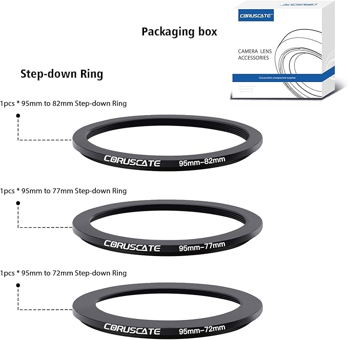3Pcs 95-82mm/95-77mm/95-72mm Filter Ring Adapter,Metal Step Down Ring for All Brands Camera Accessory(for UV,CPL,ND,Threaded Lens Hood)