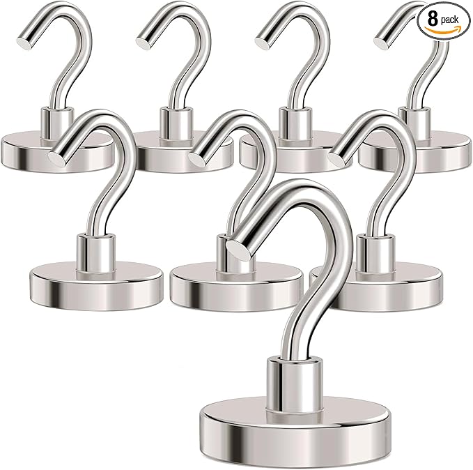 MIKEDE Magnetic Hooks Heavy Duty,120LB+ Strong Magnet with Hook, Super Neodymium Cruise Hooks, Locker Organizer Industrial Hooks for Hanging, Magnetic Hanger for Cruise, Grill - 8 Pack
