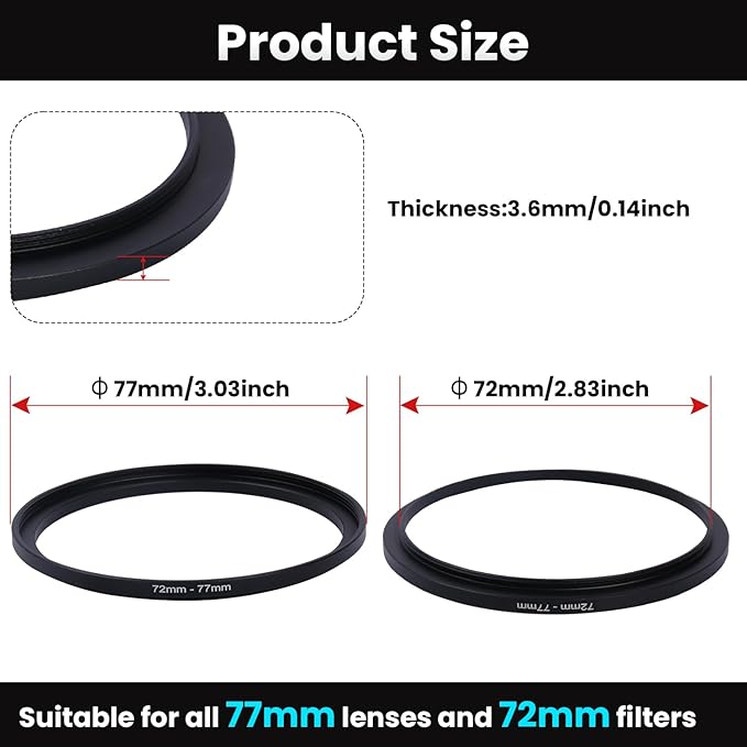 Metal Step Up Ring Filter Adapter - 72mm to 77mm - Metal Ring Step Up Rings Adapter Filter Compatible with All 77mm UV, CPL, ND, Lens Hood, Threaded Lens ect