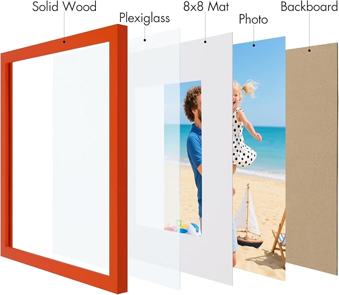 Vittanly 12x12 Picture Frame, Made of Solid Wood and Shatterproof Plexiglass, Display Pictures 8x8 with Mat or 12x12 without Mat, Wooden Photo Frame for Wall Mounting, Orange, 1 Pack