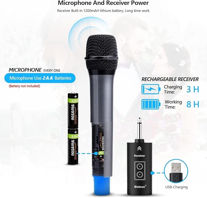 Wireless Microphone, Uhf Metal Dynamic Handheld Karaoke Mic, Rechargeable Receiver (Work 6hs),160ft Range, for Karaoke, Singing, Stage, Wedding, Speech, Karaoke Machine, Speaker, Amplifier, Mixer
