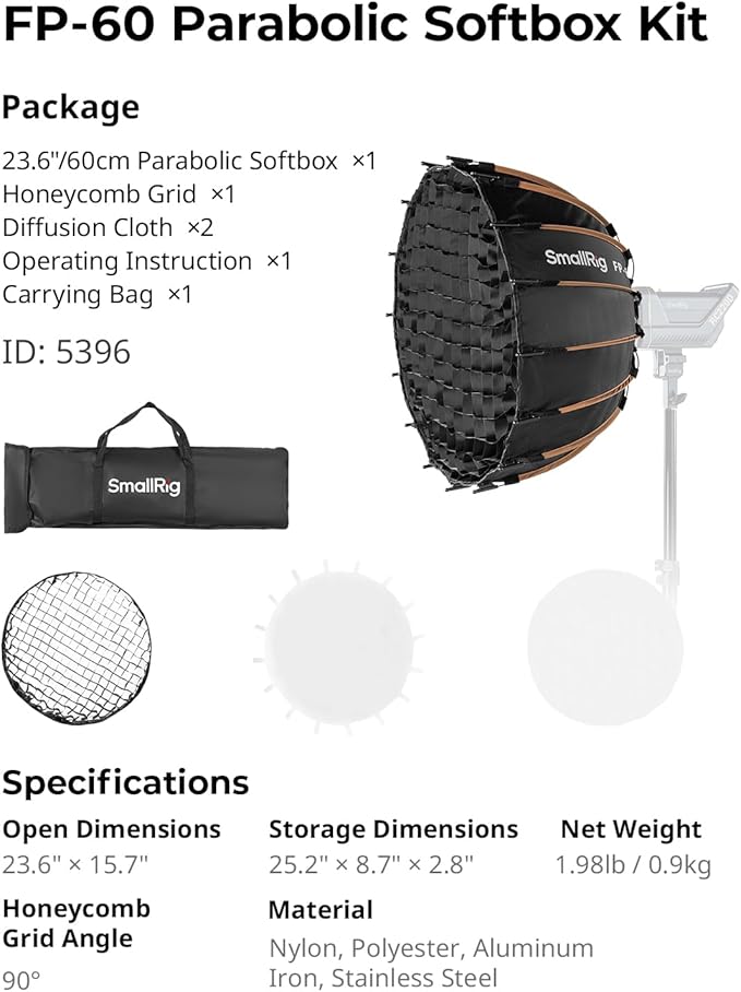SmallRig FP-60 23.6" Parabolic Softbox with Bowens Mount for Studio Photography, Quick Release Soft Box with Honeycomb Grid, Diffusers, for SMALLRIG RC 220 pro, for Neewer for Godox for Aputure - 5396