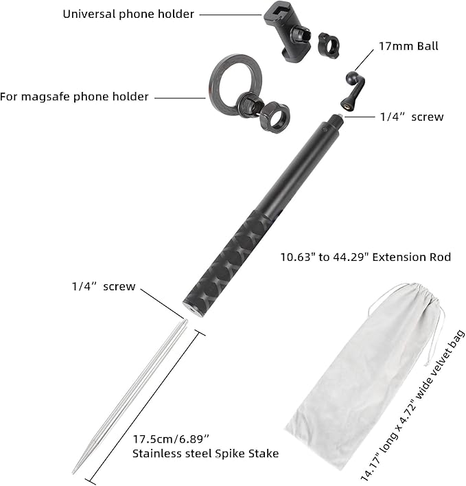 Ground Golf Monopod Phone Stand Holder with Spike Stake, 46" Extendable Selfie Stick & Universal 1/4" Screw - Record Stable Hands-Free Golf Swing Videos for magsafe and All Smartphones
