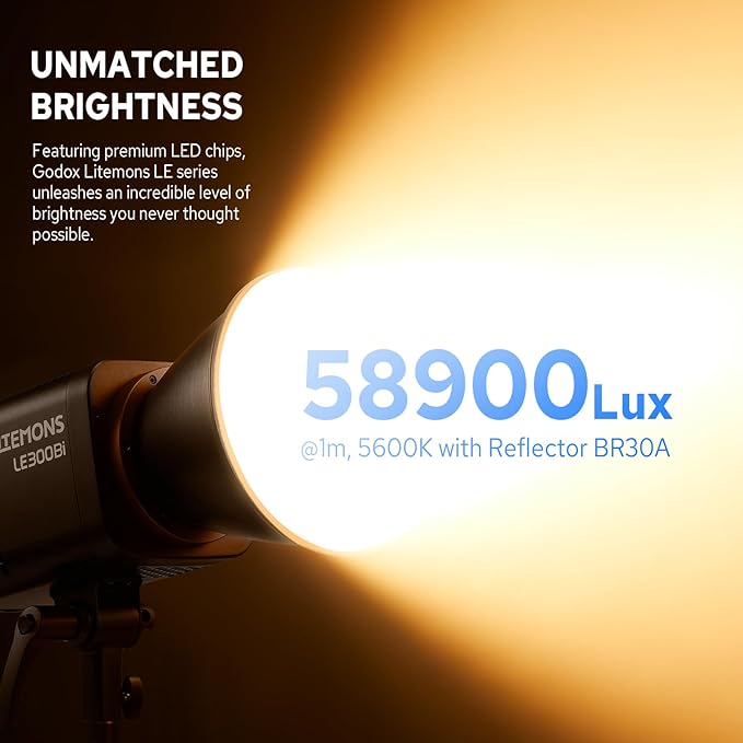Godox Litemons LE300Bi 300W Bicolor LED Video Light, 58900Lux@1M CRI98+ Studio Bright with APP Control 11 FX Effects, 0-100% Brightness Bowens Mount LED Light(Black)
