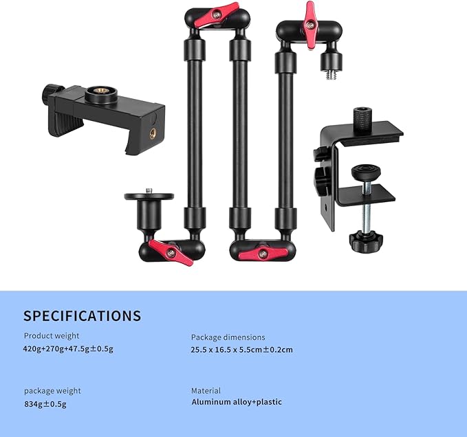 Magic Arm with Clamp, Long Articulating Arm Camera Mount, Adjustable Phone Mount Holder 360° Rotation, Mic Arm for Microphone, LED Lights, for Phone, Tripod, Desk, Table