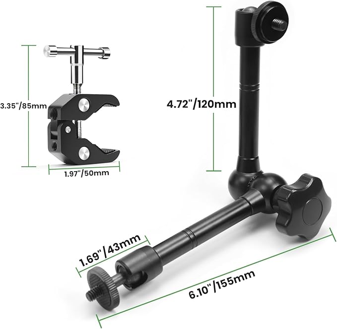 MOKOSE 10 inch Articulating Magic Arm with Super Clamp and Wall Mount Base,Friction Arm Mount for LCD Monitor LED Light Camera Rig