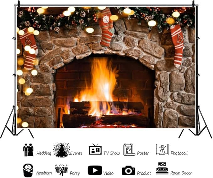 CSFOTO 8x6ft Vintage Brown Brick Wall Burning Fireplace Background Gold Glitter Sequins Country Farm Christmas Living Room Decoration Background Winter House Photo Studio Props