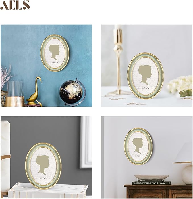 AELS 4x6 Inch Vintage Picture Frame, Elegant Antique Photo Frames with Glass Front, Photo Display, Tabletop Wall Hanging, Gift Ideas, Oval Sage Green with Gold Trim