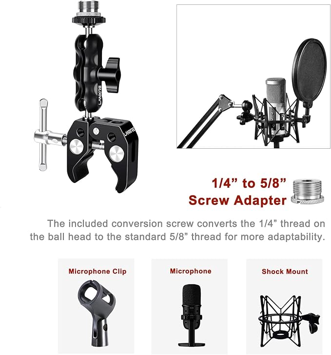 Mic Mount Microphone Clamp with Ball Head Magic Arm - Compatible with Microphones - Max Load 4.4lb/2kg - 1/4" and 3/8" Thread Holes