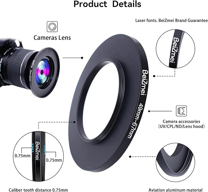 49mm to 67mm Camera Filters Ring,Filters Ring Compatiable All Brands Ø49mm Lens to Ø67mm UV ND CPL Camera Filter accessory.Made of CNC.