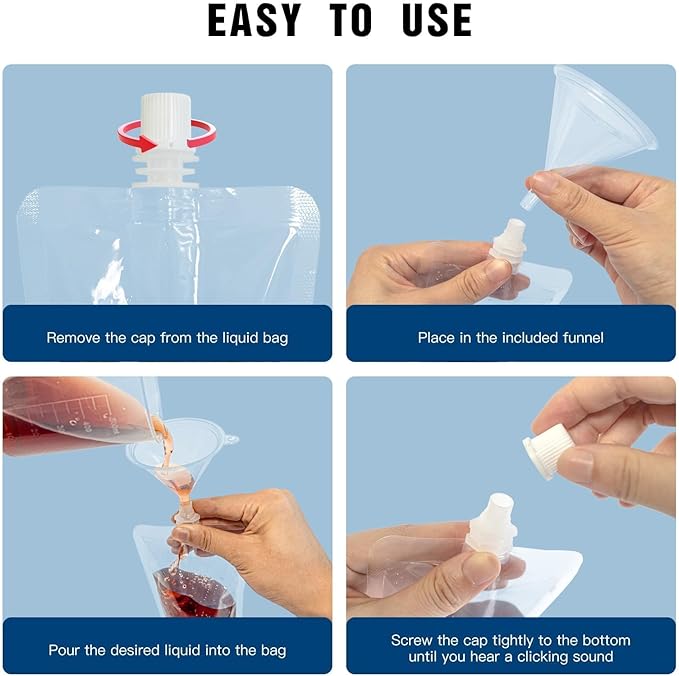 60PCS 13OZ Plastic Drinking Flasks,Spouted Pouches with Funnel,Reusable Drink Bags for Liquid Beverage Juice,Leak-Proof Food Grade for Travel Outdoor Sports Concert Cruise Events