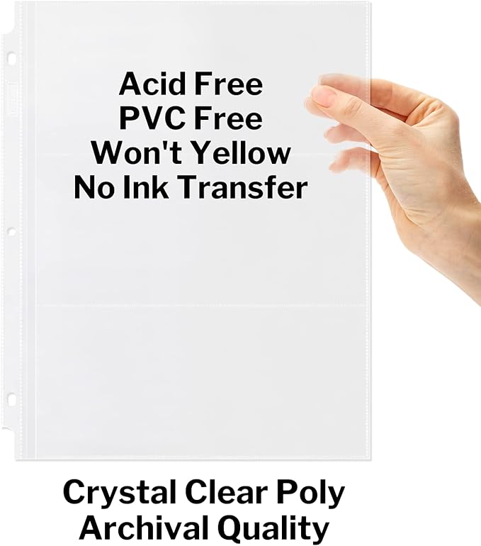 Dunwell Binder Currency Sleeves for Collectors - (50 Pack), Acid-Free 3-Pocket Clear Plastic Refill Pages for Currency Collection Album, 3-Ring Binder Sheet Protectors for Bills, Banknotes or Coupons