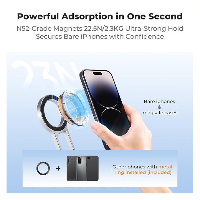K&F CONCEPT Magnetic Phone Tripod Stand, 23N Strong Magnetic Mini Tripod Aluminium Alloy Pocket Selfie Stick, Mag Safe Phone Holder Compatible with iPhone 17 16 15 14 13 12 Series(Silver)