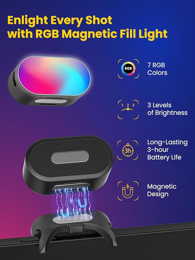 AOCHUAN Gimbal Stabilizer for iPhone & Android, 3-Axis Phone Gimbal with 7.8" Extendable Rod, Magnetic RGB LED Light, 7 Color Temperature, EVA Protective Storage Bag w/Hand Strap, V8 WH& AL20& B30
