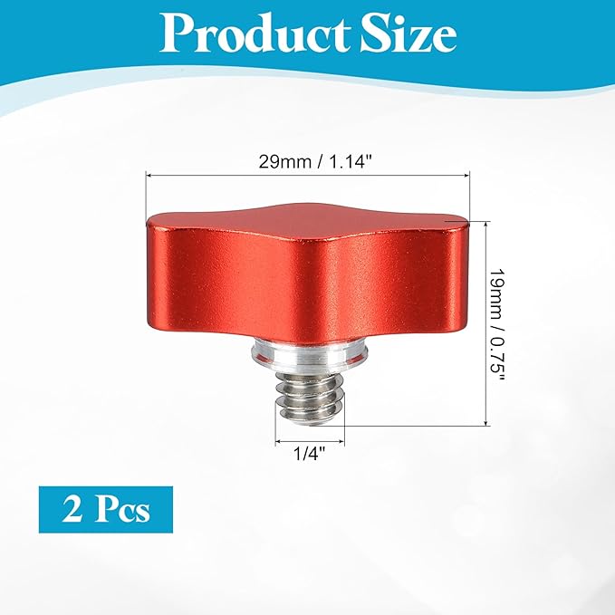 PATIKIL Clamping Screw Knob 1/4" x 0.75", 2Pcs Aluminum Alloy t Shaped Camera Thumb Screws for DSLR Flash Bracket Photography Light Stand Adapter Action Sports Camera Mounting System, Red