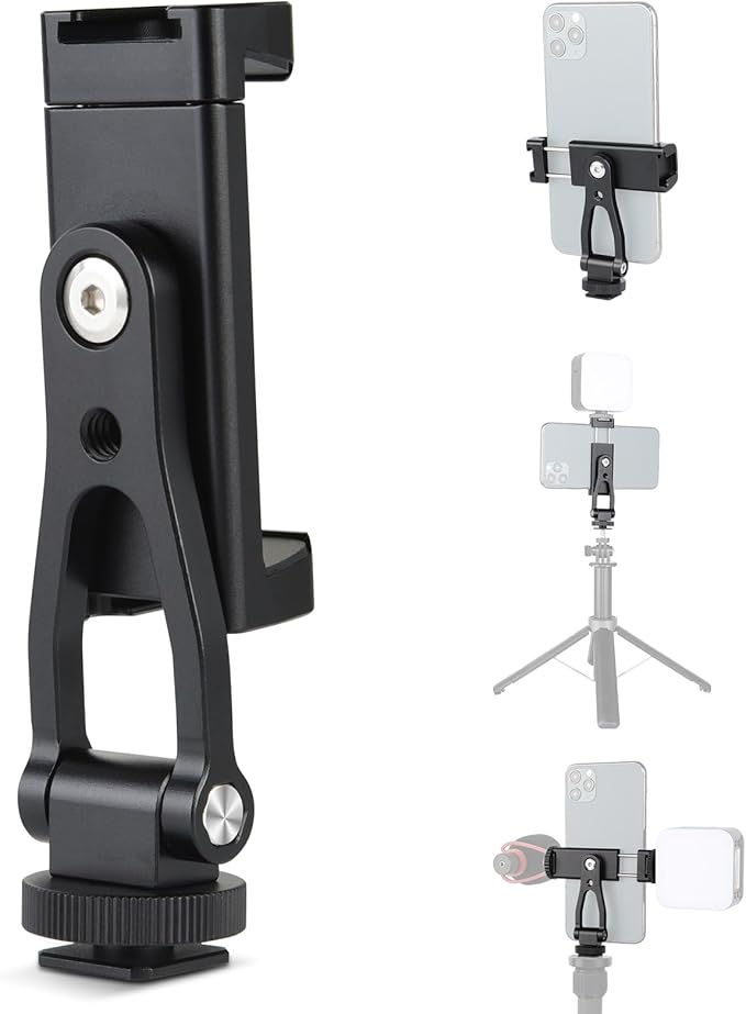 UTEBIT Universal Phone Tripod Mount with Cold Shoe Mount, 1/4" Thread 180° Tilt 360° Rotation Support Vertical and Horizontal, Adjustable Phone Clamp Holder for iPhone 17 16 15 14, for Samsung Galaxy