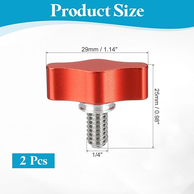 PATIKIL Clamping Screw Knob 1/4" x 0.98", 2Pcs Aluminum Alloy t Shaped Camera Thumb Screws for DSLR Flash Bracket Photography Light Stand Adapter Action Sports Camera Mounting System, Red
