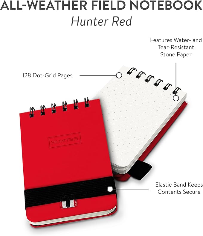 Hunter - All Weather Field Book, 5.75” X 3.6” 128 Pg Outdoor Notebook With Elastic Band to Protect Notes, Pocket Journal With Dot Grid Stone Paper for Surveying, Water & Tear Resistant, Hunter Red