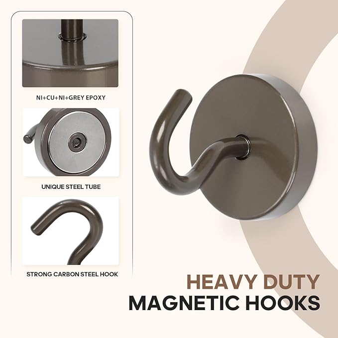 Neosmuk Magnetic Hooks, Cruise Ship Essentials, 130lb+ Heavy Duty Magnetic Hooks for Cruise Cabins, Refrigerator, Grill, Hanging, and Travel | Extra Strong Must-Haves Magnet Hook,Brown