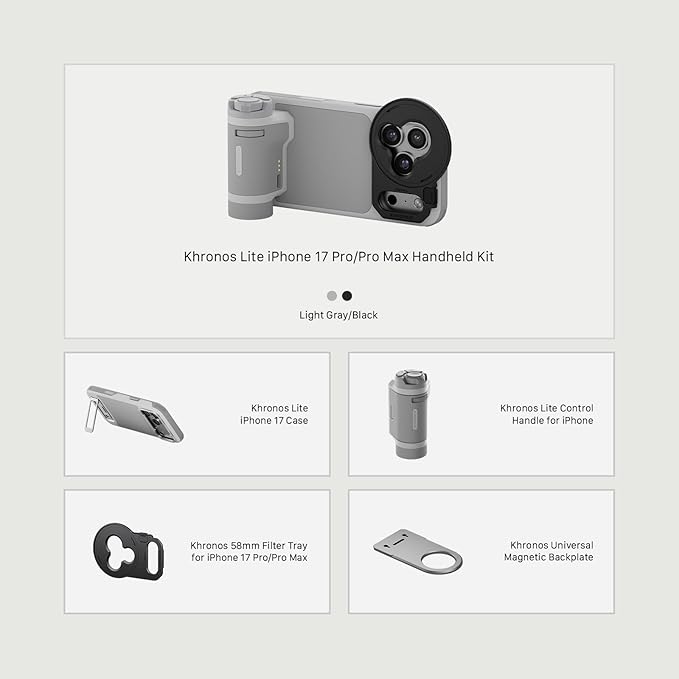 Tilta Khronos Lite Handheld Kit Compatible with iPhone 17 Pro Max – Light Gray | Case with Kickstand | Bluetooth Control Handle | 58mm Filter Tray | Magnetic Backplate | Screen Protector