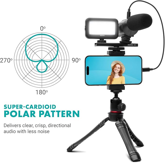Movo USB-C Vlogging Kit for iPhone 15/16 - Phone Video Kit Accessories: Phone Tripod, Phone Mount, LED Light and Shotgun Microphone - Youtube Starter Kit for Content Creation, TikTok, Podcasts