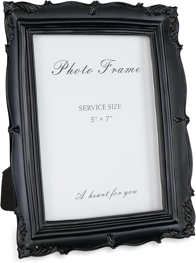 Cuspin Black Vintage Picture Frame 5x7, Gothic Frams Handmade Resin Photo Frame with Carved Texture & Glass Front for Tabletop Display or Wall Hanging, Black Home Decor