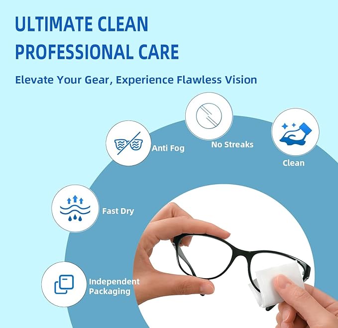 Ageantscom Anti-Fog Wipes for Glasses – Eye Glasses Cleaner Wipes, 100 Pack, Individually Wrapped, Pre-Moistened, Quick-Dry, Scratch-Free for Goggles, Camera, Watch, Lens, Laptop, Phone Screens